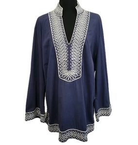 NEXX Woman 2X Navy Tunic Top Embroidered Boho Split Neck Long Sleeve Cotton Blue - Picture 1 of 10