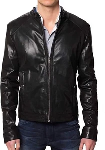 Leather Jacket Mens Biker Racer Men Vintage Bomber Cafe Race Motorcycle Black 25 - Picture 1 of 3