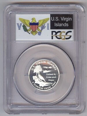 2009-S SILVER 25C U.S. VIRGIN ISLANDS TERRITORY QUARTER PCGS PR70DCAM FLAG LABEL - Image 1 of 2