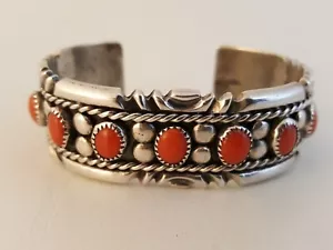 Wilson Begay Navajo rote Koralle Sterlingsilber Manschette Armband große klobige Perlen - Bild 1 von 10
