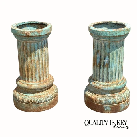 Classical Style Cast Iron Round Fluted Column Garden Urn Pedestal Base - a Pair Cover