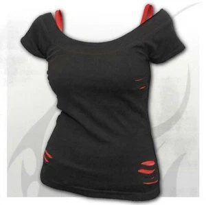 Spiral Direct Urban Fashion 2 in 1 Red Ripped Top Heavy Metal Gothic Tattoo - Picture 1 of 10