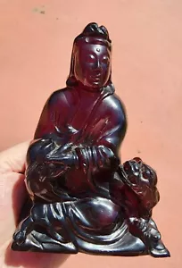 Figurine femme sculptée Faturan bakélite ambre cerise foncée chinoise 269G lion - Photo 1 sur 22