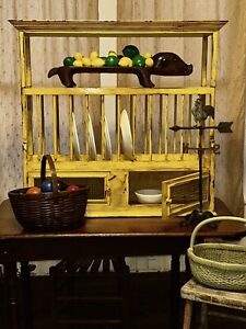 AAFA Farmhouse Wood Wall Dish Rack Display Cabinet Cupboard Mustard