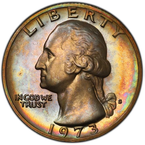 PR69CAM 1973-S 25C Washington Proof Quarter, PCGS Secure- Rainbow Album Toned Cover