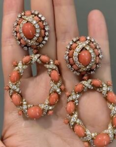 Natural Coral Hoop Earrings| 925 Sterling Silver| Cubic Zirconia| Yellow Gold