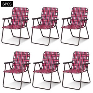 6 Pcs Folding 1-Position Beach Chair Camping Lawn Webbing Chairs Lightweight Red