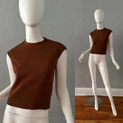Vintage 60s Classic Brown MOD Crop Tank Top Blouse S - Image 1 of 4