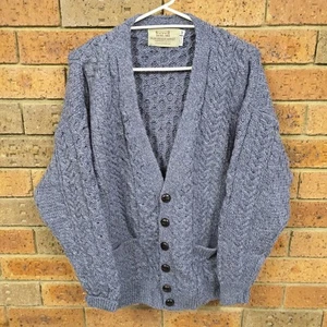 ARAN SWEATER MARKET Men's 100% merino wool cardigan crafts Ireland blue Size M - Picture 1 of 8