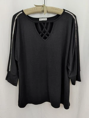 NWOT 89th & Madison Bloue Womens 1X Black Rhinestone Stretch Knit 3/4 Sleeve - Image 1 of 4