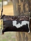 Myra Bag Hand Tooled Leather Hair On Cowhide Clutch Credit Card Slots