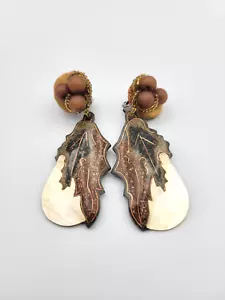 Artisan Acorn & Fall Leaves Dangle Earrings Resin MOP Clip on Statement - Picture 1 of 12