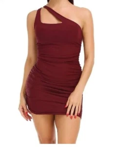Mobeadon One Shoulder Dresses for Women Ruched Bodycon One Sleeve Mini Dress S - Picture 1 of 3