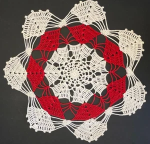 Vintage Handmade Crochet Round Pointed Pinwheel Doily White Red Cotton 12 Inch - Picture 1 of 9