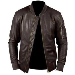 Men's Brown Genuine Lambskin Bomber Leather Jacket Slim Fit Coat Jacket - Imagen 1 de 8