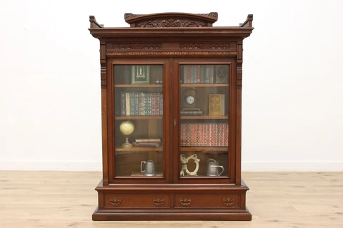 Victorian Eastlake Antique Carved Walnut Office or Library Bookcase #44508 Cover