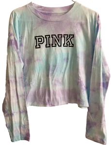 Victoria's Secret PINK Crop Top TIE DYE Shirt Long Sleeve Tee Purple Blue L NEW - Picture 1 of 4