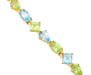 925 Sterling Silver Vintage Bracelet Gold Plated Blue Topaz & Peridot BT10781 - Picture 1 of 8