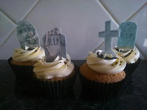 20 Halloween Gravestones Edible Wafer CupCake Toppers **STAND UPS** - Picture 1 of 4