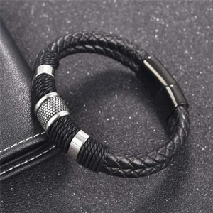 Men's Genuine Leather Titanium Bracelet Black Magnetic Buckle Braided Bracelet - Picture 1 of 41