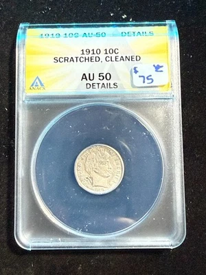1910 BARBER HEAD DIME ANACS AU 50 DETAILS CLEANED SCRATCHED - Image 1 of 4