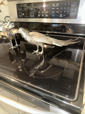 LARGE & HEAVY PAIR OF SILVER PLATED BRONZE PHEASANT SCULPTURES ~ 17.5” 12 Lbs~BP - image 1 of 4