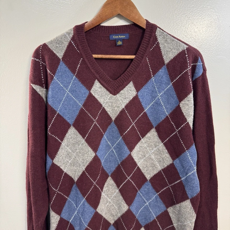 Suéter Argyle para Hombre Club Room Cuello en V - Azul Borgoña Gris Talla L Foto 1 de 4