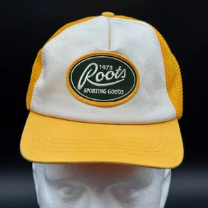 Vintage Roots 1973 Sporting Goods Mesh Trucker Mütze gelb weiß Snapback Cap Kanada - Bild 1 von 5