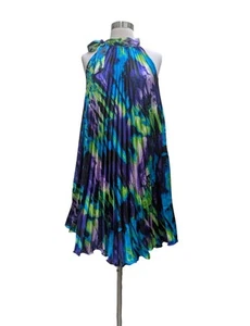 NWT INDIA BOUTIQUE Dress Swing Satin Pleated Sleeveless Blue Green MEDIUM - Picture 1 of 8