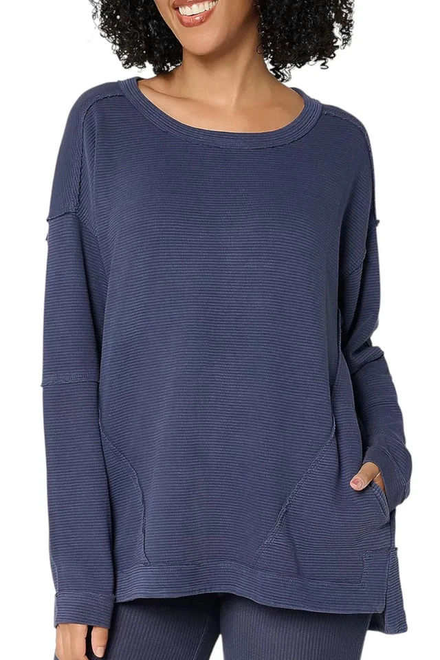 Top otomano acanalado azul índigo LOGO by Lori Goldstein para mujer cuello redondo Foto 1 de 1