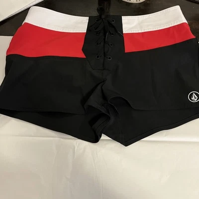 Volcom Micro Shorts Jr Size 9 Polyester Elastane Red Black White Lace Up Logo - Image 1 of 4
