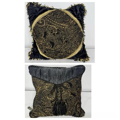 2 Borgata Label Designer Soft Velvet GOLD Fringed Tassel Throw Pillows 17x17 - Image 1 of 4
