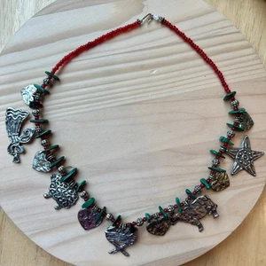 VTG Marcie Mark Christmas Nativity Necklace 22" Pewter Malachite Gems Red Beads - Picture 1 of 12