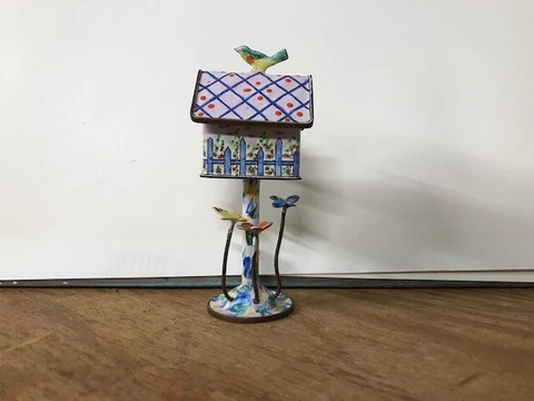Vintage Kelvin Chen Miniature Handpainted Enamel Copper Birdhouse Cover