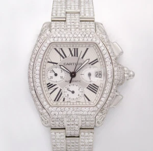Cartier Roadster 2618 Chrono Auto White Dial Steel Custom Iced Out Diamonds w.B - Picture 1 of 9