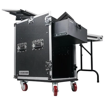 Estuche para rack de DJ Sound Town 14U con mezclador inclinado 11U ruedas superiores cajón de bloqueo STMR-14TD3 Foto 1 de 4