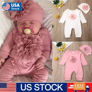Baby Girls Cute Floral Print Long Sleeve Pullover Jumpsuits Infant Hat 2PCS Sets - Picture 1 of 10