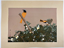 Japanese Woodblock Print “Tea plant and Flycatcher”  Rakuzan Bird Vintage