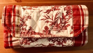 Jeun Bang Toile Plaid Quilted Wallet Red Beige Credit Cards Organizer Trifold - Picture 1 of 7
