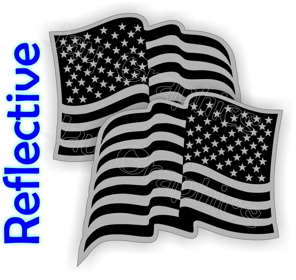 pair - Wavy REFLECTIVE Black Ops American Flags Vinyl Stickers Decals USA Flag