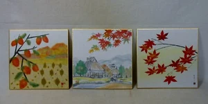 #18 Set of 3 Japanese Small SHIKISHI art Countryside Scenery & Colored Leaves - Picture 1 of 6