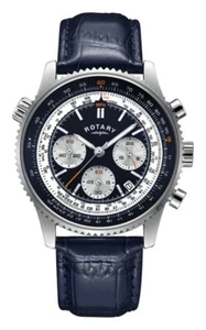 ROTARY GS03021/05 MENS AVIATOR CHRONOGRAPH TACHYMETER NAVY BLUE WHITE DIAL WATCH - Picture 1 of 5