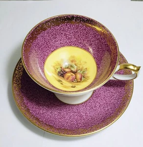 AYNSLEY ORCHARD FRUIT Cup & Saucer w Foil Labels Lilac Purple & Gold Vtg Teacup - Picture 1 of 17