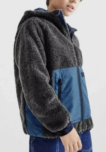 New Zara Boys Contrasting Gray Blue Fleece Sherpa Hooded Jacket Coat 9 Yeras - Picture 1 of 4