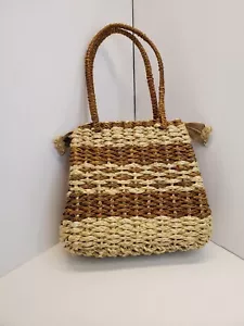 1970's Wicker Woven Two Color Straw Tote Bag - Picture 1 of 8