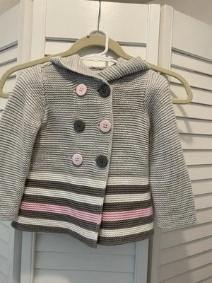 PRIMERAS IMPRESIONES Play Girls “Suéter de algodón con capucha” Talla 12 meses Rosa/Gris Nuevo sin etiquetas Foto 1 de 4