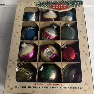 Vtg BOX Lot 10 SHINY BRITE CHRISTMAS ORNAMENTS Mica Lantern teardrop Indent Bell - Picture 1 of 13