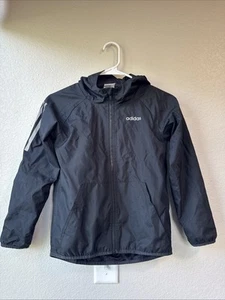 Adidas Full Zip Jacket Youth Small Black, White Stripes, Hooded 100% Polyester - Picture 1 of 13