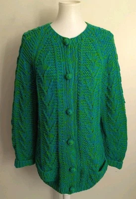 Cárdigan de lana tejido hecho a mano Aran suéter grueso verde azul largo alto S M para mujer Foto 1 de 4