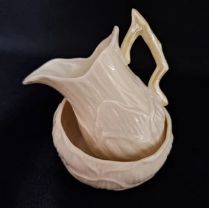 Belleek Ireland Mark Lily White Sugar and Creamer Yellow Lustre Gold Mark - Picture 1 of 8